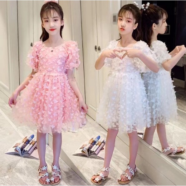 (4-9th) Dress putih bersih anak kupu 3D impor gaun pesta pink lengan balon import gaya korea