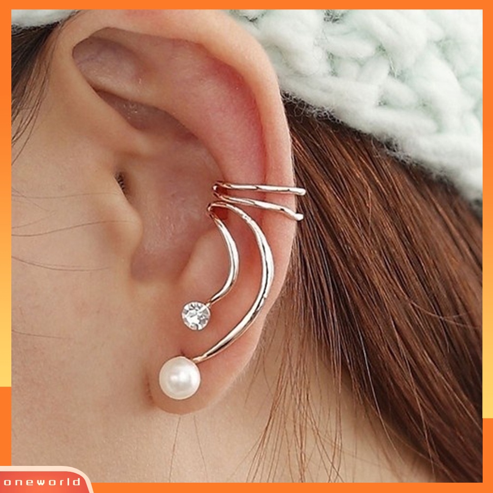 [WONE] 1pc Wanita Mutiara Imitasi Berlian Imitasi Spiral Klip On Anting Non Piercing Ear Cuff