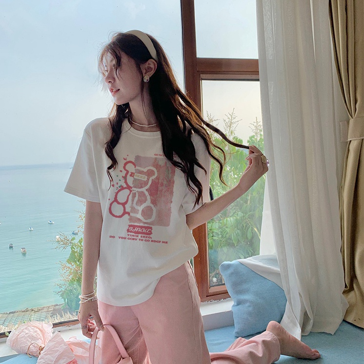 Print T-shirt Kaos Lengan Pendek Pink Bear Atasan Wanita Korean Style
