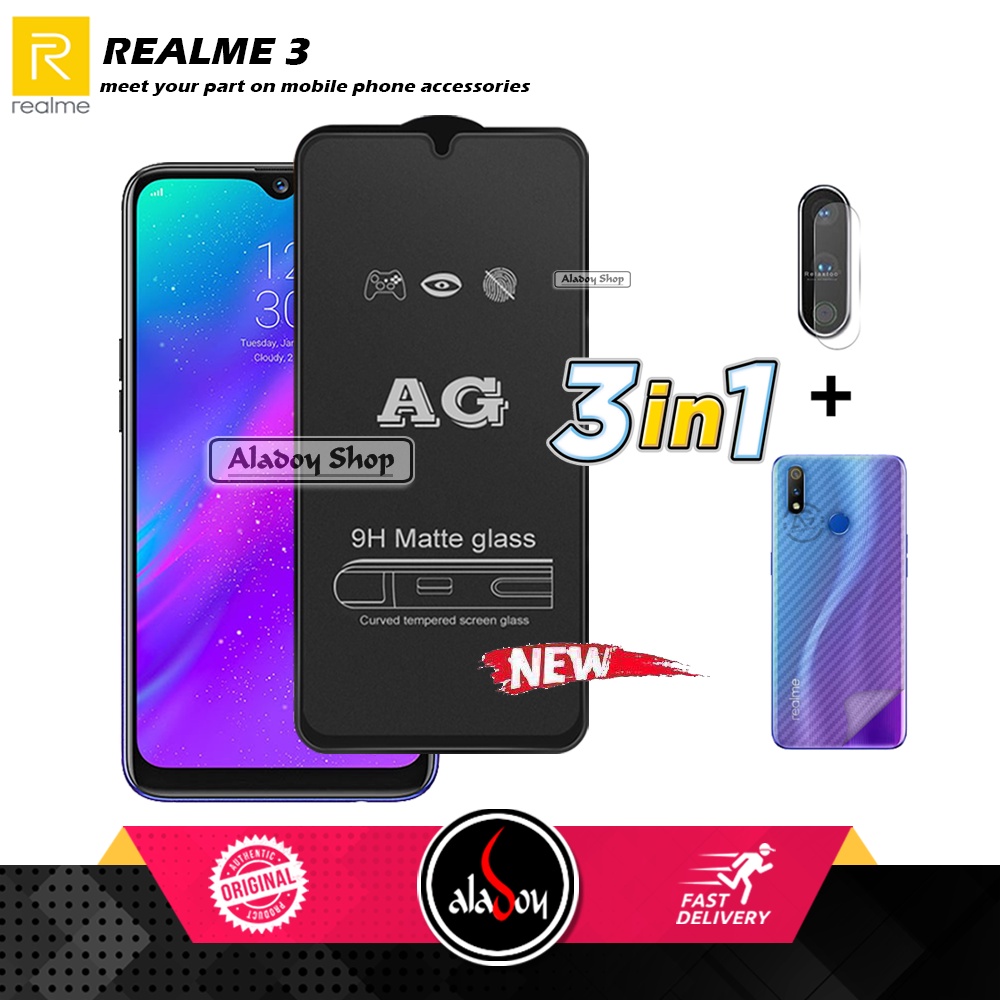 Paket 3IN1 Tempered Glass Layar Matte Anti Glare Realme 3 Free Tempered Glass Camera dan Skin Carbon