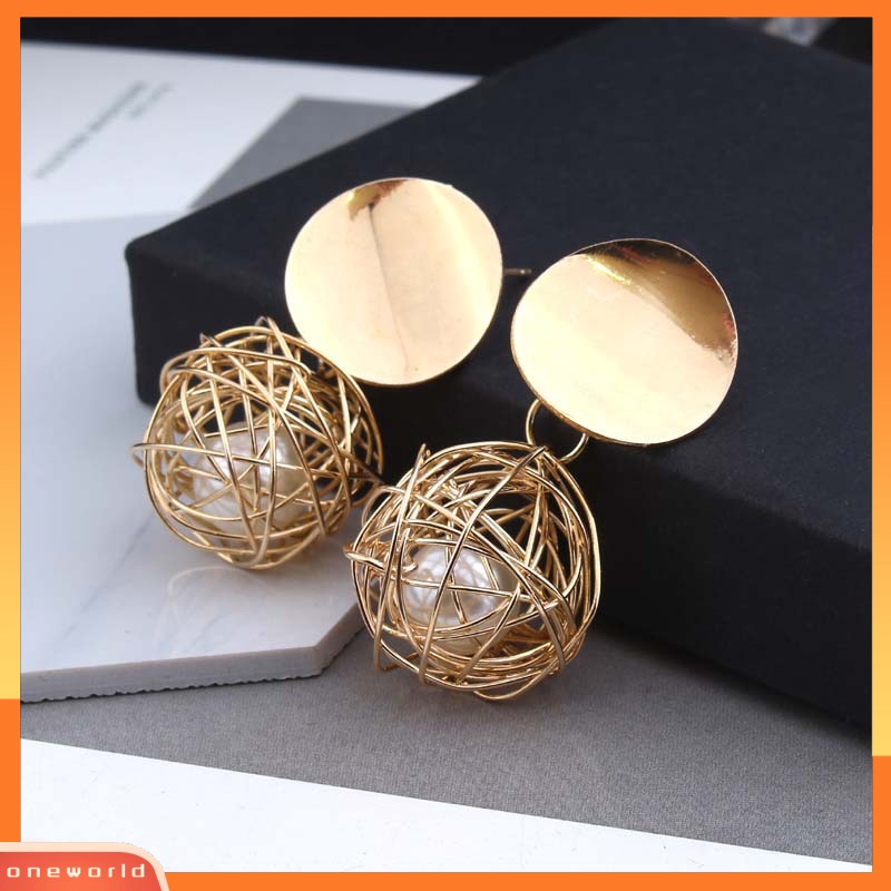 OW@ Women Fashion Geometric Woven Hollow Ball Faux Pearl Drop Earrings Jewelry Gifts