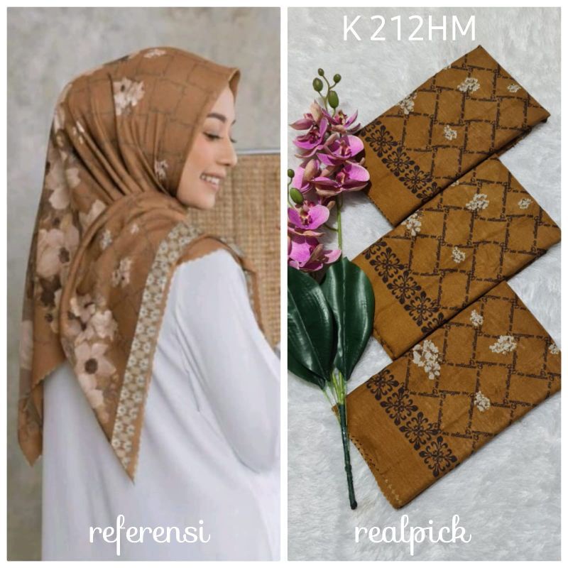 hijab denay segienpat motif bunga kotak mustard