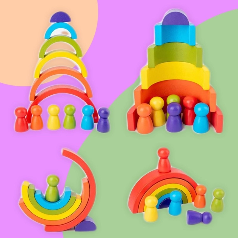 Balok Pelangi / Rainbow Block + Peg Doll Mainan Edukasi Balok Susun Pelangi