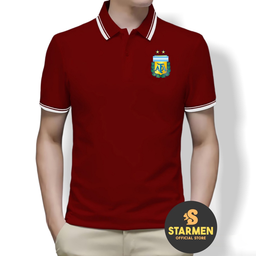 Kaos Polo Shirt Pria Kerah List Putih logo ARGENTINA