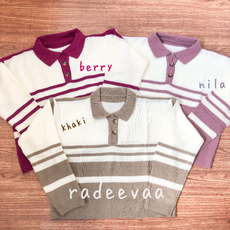 POLO SWEATER CROP INAYA STRIPE KNIT OVERSIZE TOP ATASAN RAJUT WANITA MOTIF GARIS BERKERAH KOREA