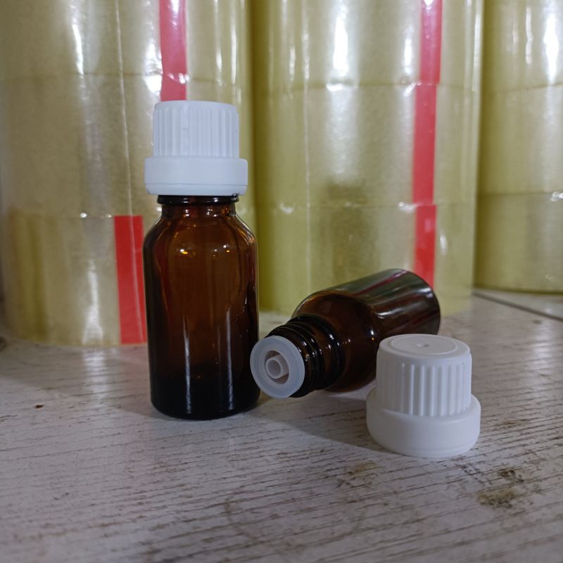 Botol kaca 15ml tutup filler tetes segel / essential oil / droper sealed -15ml amber tebal