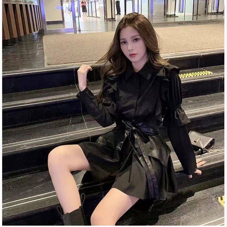 Suhao setelan jas dua potong musim dingin retro gaya Hepburn baju kemeja pinggang ramping rok wanita temperamen hitam berkencan