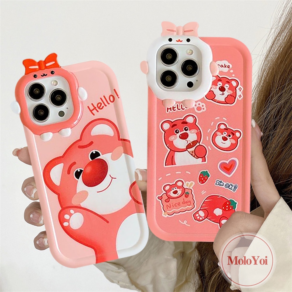 Case Kompatibel Untuk iPhone 6s 6 8 7 Plus 11 Pro Max13 12 14 Pro Max14 Plus XR X XS Max SE 2020 3D Bow-knot Little Monster Lens Kartun Lucu Manis Strawberry Bear Manyo Soft Cover