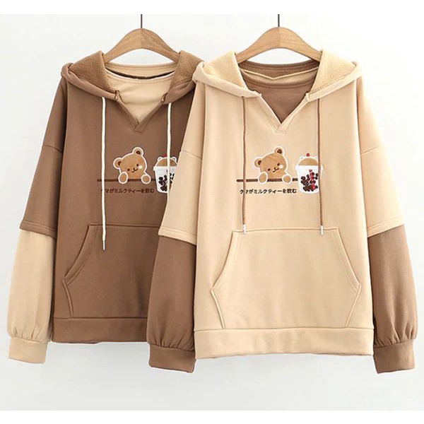 Sweater Hoodie PANDA COMBINE Jacket Wanita Lengan Kombinasi Korean Style Pakaian Kasual Santai