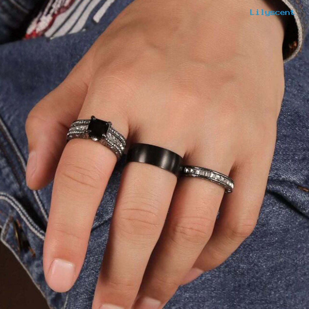 [LS]3Pcs /Set Cincin Pasangan Laporan Permukaan Halus Paduan Persegi Bertatahkan Cubic Zirconia Pernikahan Band Perhiasan Fashion