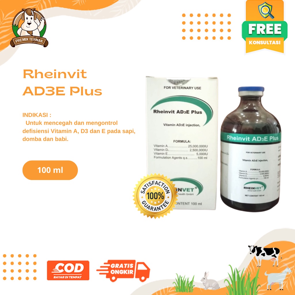 RHEINVIT AD3E Plus 100 ml - Vitamin ADE Meningkatkan Produktivitas &amp; Kesehatan Ternak - LIKE VITOL 140