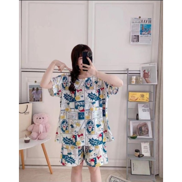 BAJU TIDUR WANITA STELAN HOTPANTS IMPORT SPANDEK MOTIF KARAKTER MURAH