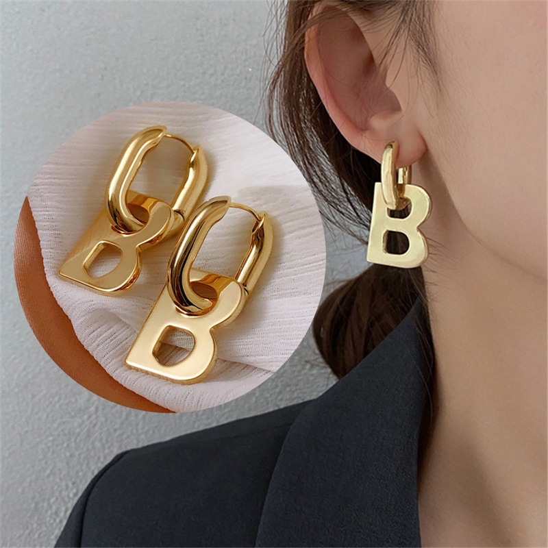 Fancyqube High Quality Letter B Drop Anting Wanita Pria Trendi Elegan Korea Minimalis Warna Emas Perak Anting Statement