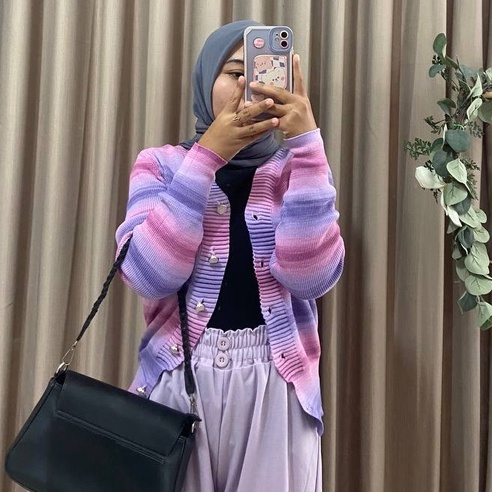 Cardigan Kancing Rajut Wanita Stripe Casual Outer Terbaru