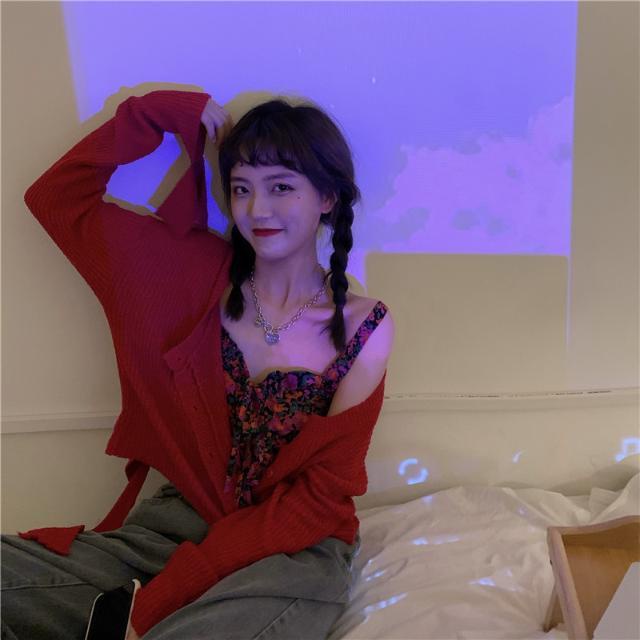 Suhao Fashion 2022 Baru Awal Musim Gugur Pakaian Wanita Retro Bunga Kamisol Top Tipis Rajutan Cardigan Trendi Dua Potong set