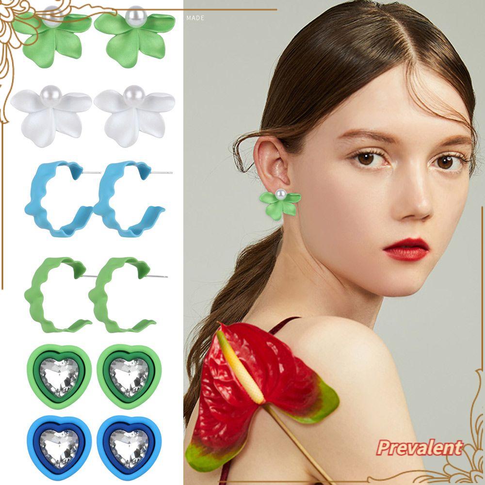 Preva Anting Bunga Musim Semi Mode Hijau Putih Biru Temperamen Ornamen Ear Studs