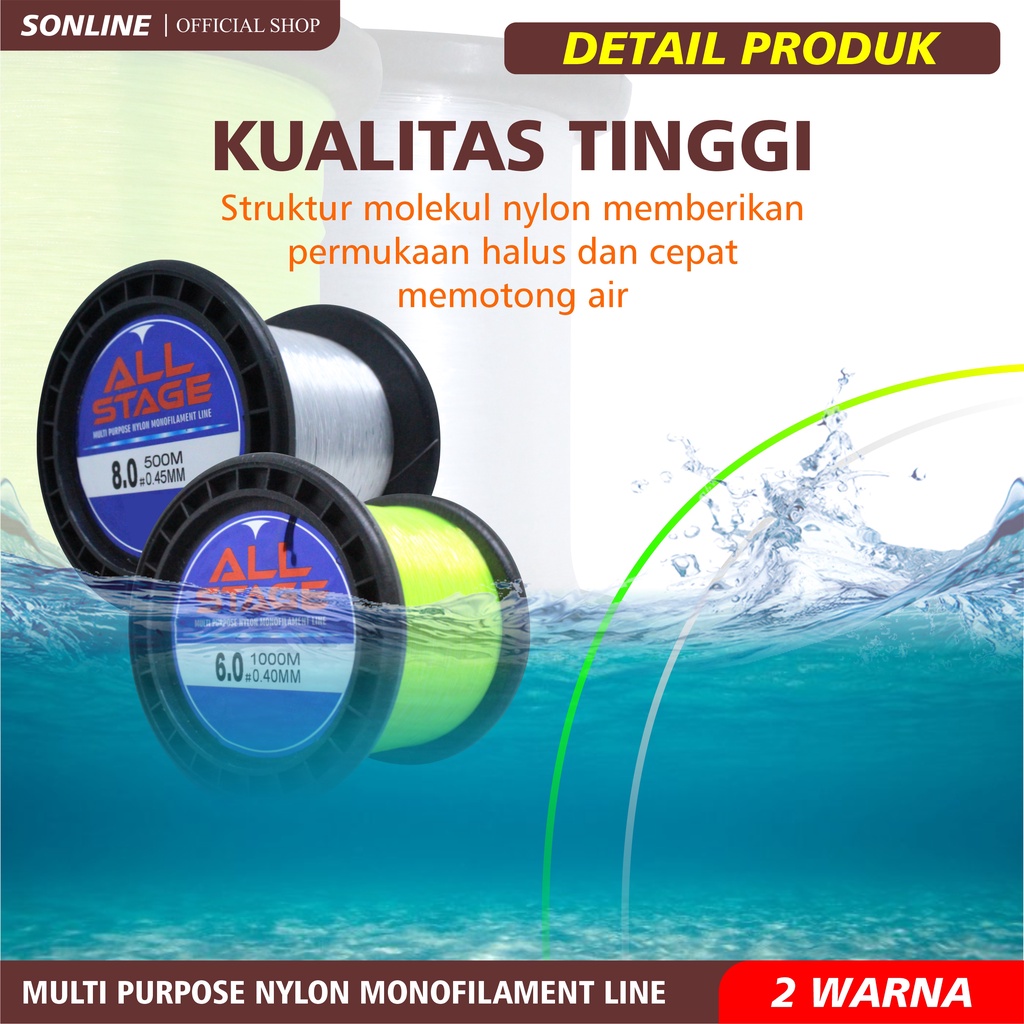 SONLINE Tali Pancing 500-1000m Nilon Hijau 2,50-21,5Kg Original Senar Pancing Sinking Fishing Line  Senar Pancing