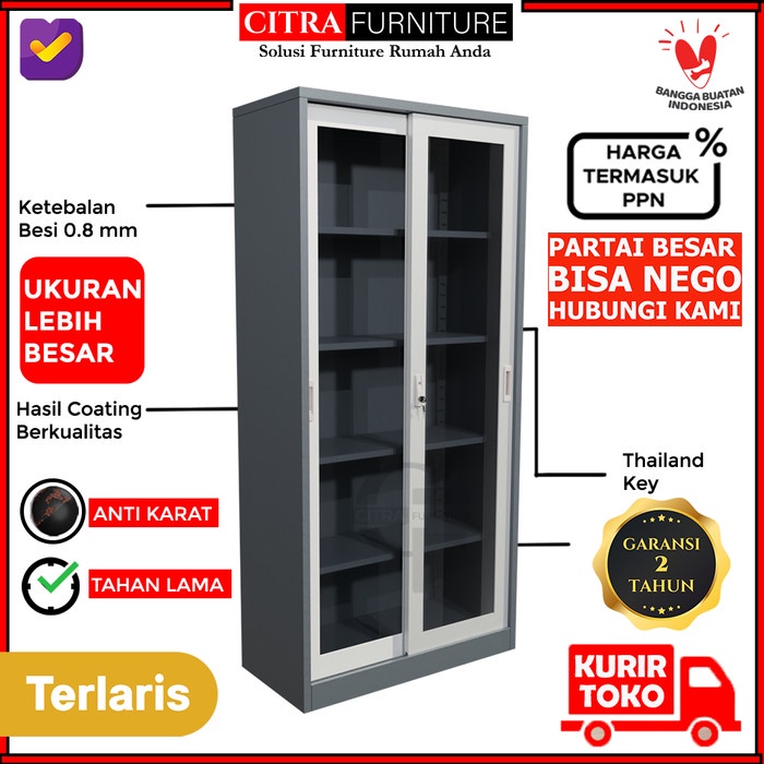 

BERKUALITAS Lemari Arsip Besi 2 Pintu Sliding KacaKantor File Sleding Geser Code 3150