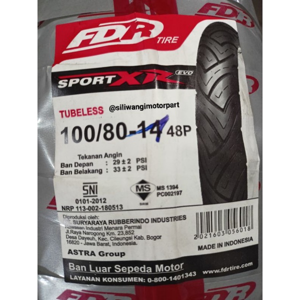 Ban Motor Tubles Tubeless FDR 100/80-14 SPORT XR EVO Ban Motor Ring 14 Ban Luar fdr