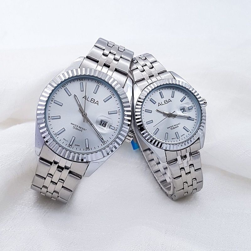 COD JamBest Seller! Jam Tangan Couple / Pasangan Alba Stainless Steel 9293HL Tanggal Aktif Free Box