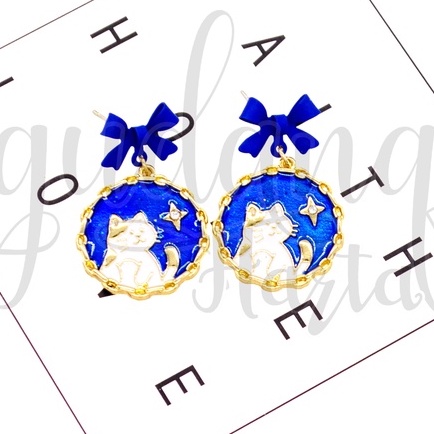 Anting Stud Wanita Blue Star Cat Earrins Motif Kucing Bintang Biru GH 203158