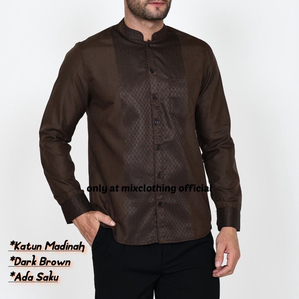 Timofey Baju Koko Muslim Kemeja Pria Lengan Panjang Slim Fit Premium Hem Lebaran Dark Brown