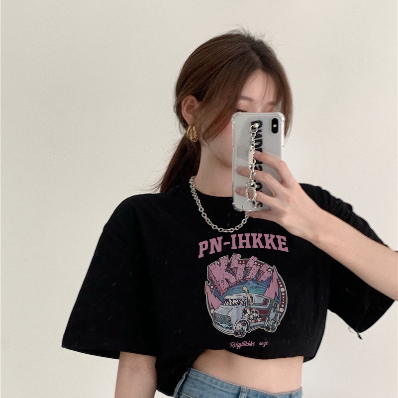 Print T-shirt Kaos Lengan Pendek Vintage Car Dog Atasan Wanita Korean Style