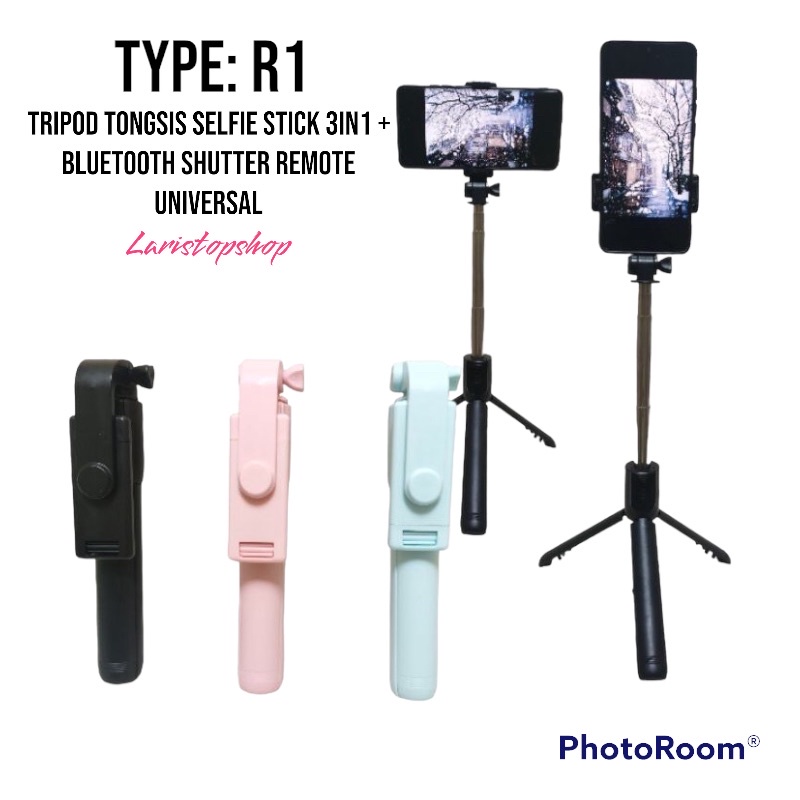 Tripod Tongsis R1 / Tongsis Tripod Hp Handphone Bluetooth 3 in 1 + Remote Control / Tongsis Tripod Kamera Handphone Vertikal horizontal / Tongsis Multifungsi / Tongsis Tripod Bluetooth