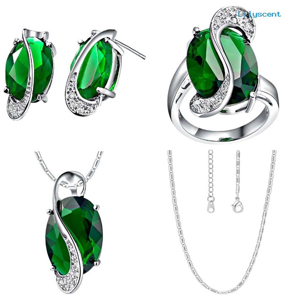 [LS] Fashion Wanita Pelangi Imitasi Topaz Liontin Kalung Anting Cincin Perhiasan Set