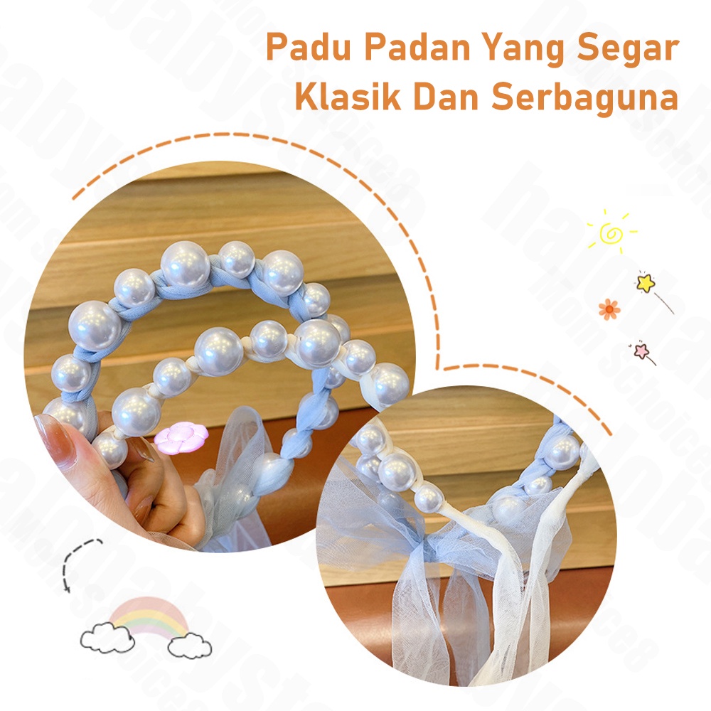 Halo Baby Bandana Mutiara/Bando Anak Pita Tulle Panjang Bisa diikat Gaya