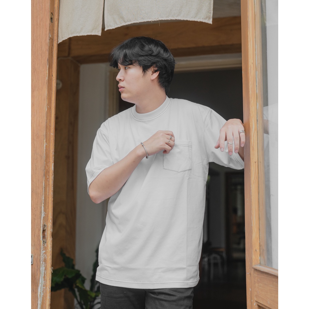 Kaos Oversize Pria Heavy Cotton - Ginza Oversized Tshirt White Black Stitch  - Blank Apparel