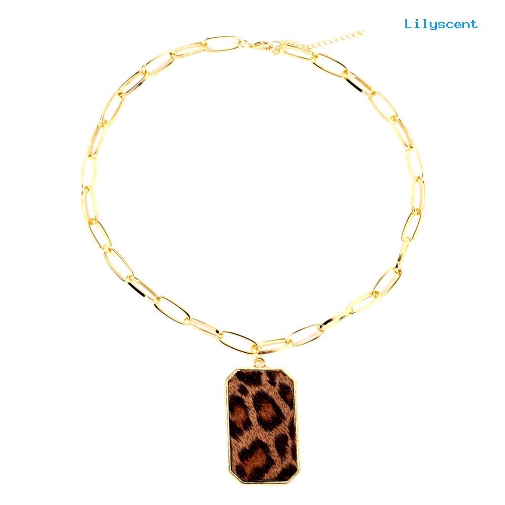 [LS]Fashion Wanita Motif Leopard Persegi Liontin Rantai Panjang Kalung Perhiasan Hadiah