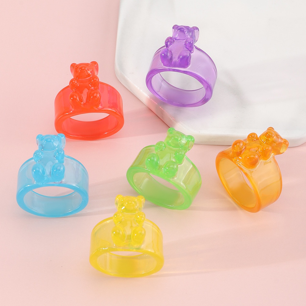 Gadis Beruang Kecil Yang Lucu Kartun Jari Cincin Elegan Transparan Permen Warna Pesta Rings Wanita Halus Indah Hadiah Fashion Perhiasan Korea INS Fashion Halus Tipis