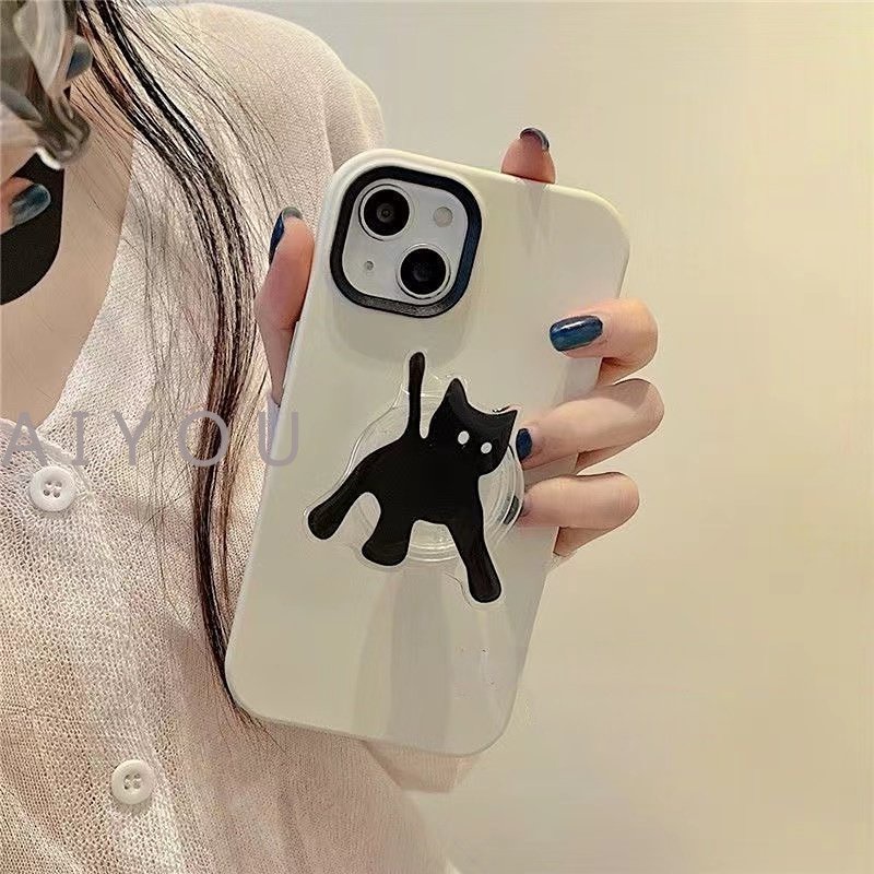 IPHONE Casing Ponsel Tahan Guncangan Bahan Silikon Cair 3in1 Untuk Iphone14 13 12 11 Pro Max XR XS Max Penutup Belakang Dengan Kucing Hitam Phone Holder Airbag Bracket