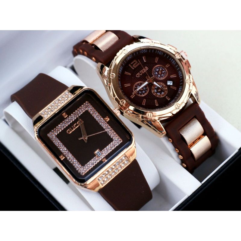 (Terima Cod)Jam Tangan Wanita Buy1 Get1 Gucc1 Mata/Gues Ring Rose Tanggal Aktif Strap Rubber/Karet(Dikirim Jakarta)