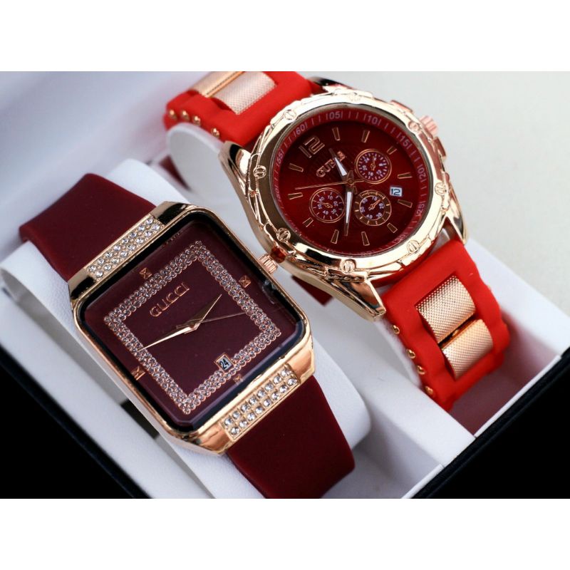 (Cod)Jam Tangan Wanita Buy1+Get1 Fashion Guc1Mata/Gues Ring Tanggal Aktif Strap Rubber/Karet(Dikirim Jakarta)