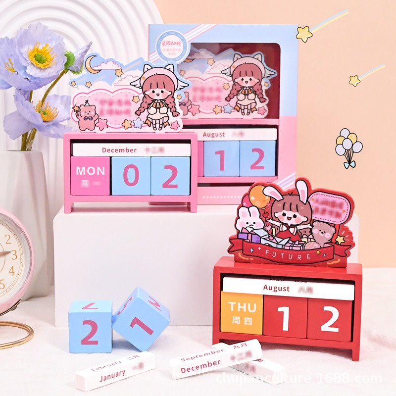 Kalender Kayu Momo Plus Tempat Pen Wooden Calendar with Pen Holder Kalender Meja Motif Kartun Aesthetic Lucu Warna Pastel @banyak