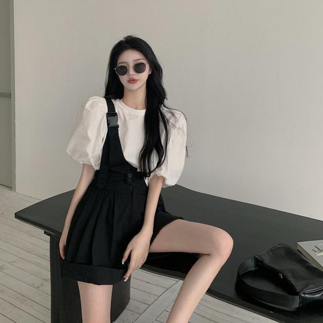 Suhao Celana Bib Wanita High Waist Longgar Korea Tidak Teratur Satu Tali Bahu One-Piece Suit Lebar Kaki Lurus celana Pendek Kasual Celana