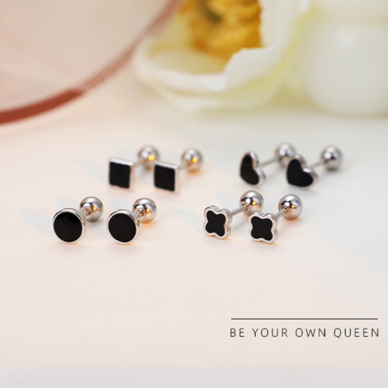 Magic789 Korea s925 Perak Hitam Bulat Hati Clover Sekrup Anting Untuk Wanita Perempuan Hypoallergenic Tindik Tulang Rawan Anting-Anting Perhiasan Telinga Mode