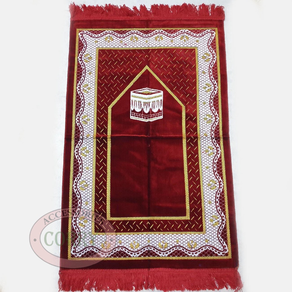 Sajadah Bludru Turki Merah Kabah Putih Polos 120 X 70 Cm Sholat