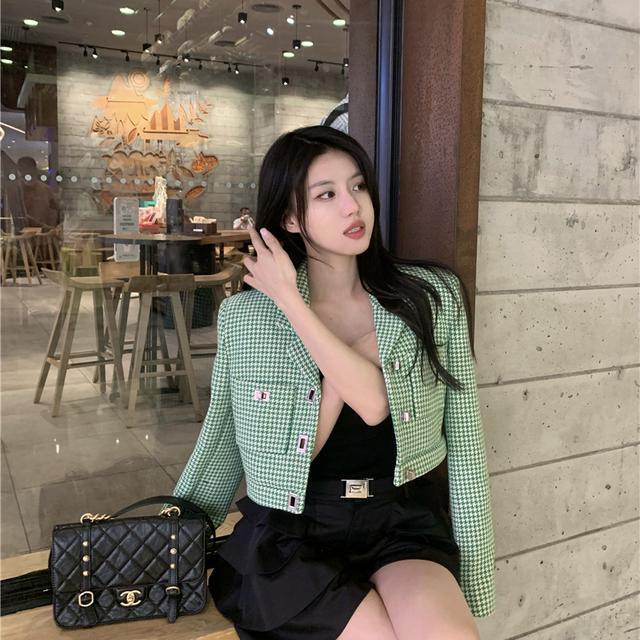 Suhao Houndstooth Mantel Wanita Setelan Jas Longgar Lengan Panjang Kardigan Bagian Tipis Perlindungan Matahari Pakaian Santai All-Match pendek Top