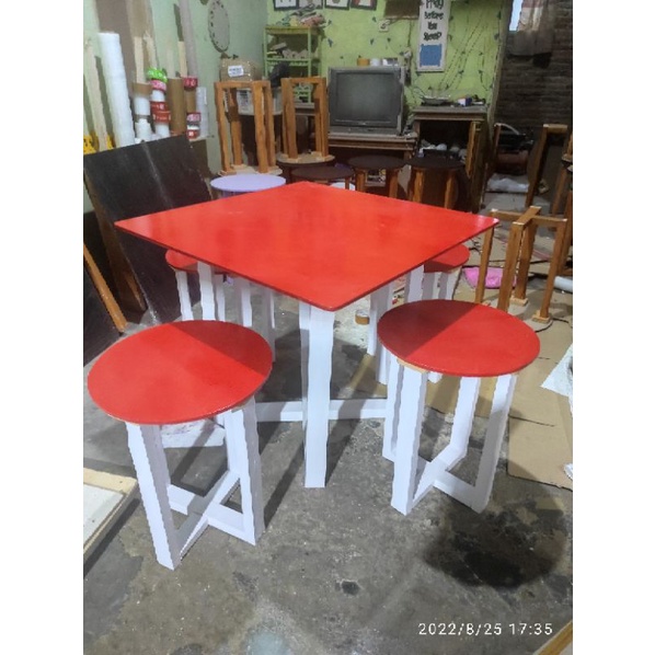 Meja Cafe Kotak Jumbo SET Minimalis Scandinavian Japandi (1 MEJA + 4 KURSI) - Biru