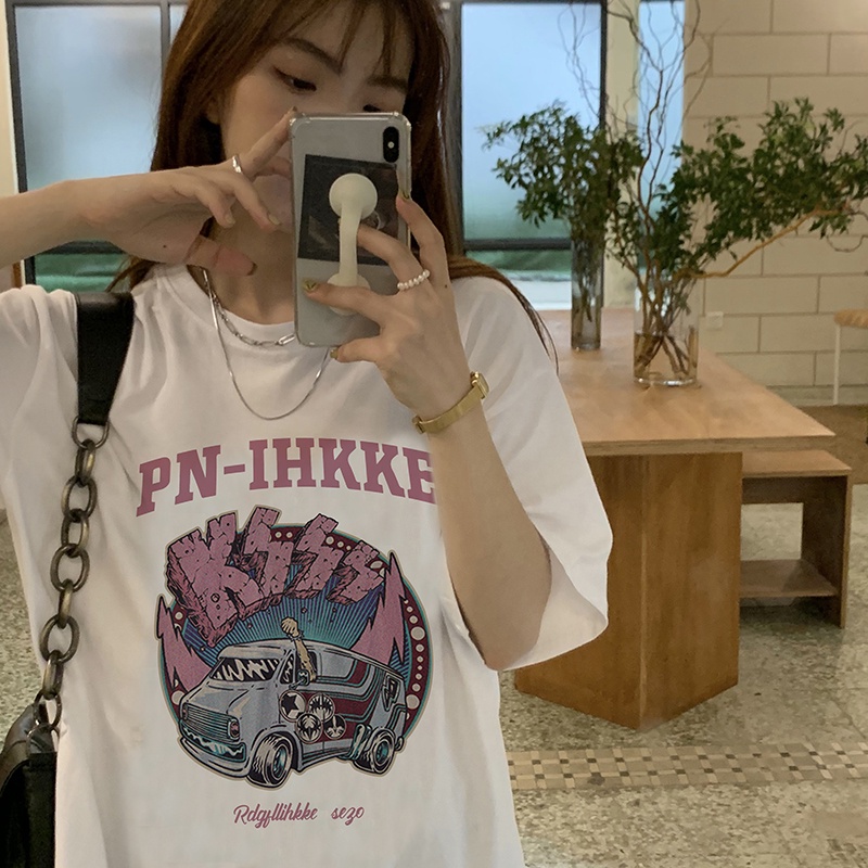 Print T-shirt Kaos Lengan Pendek Vintage Car Dog Atasan Wanita Korean Style