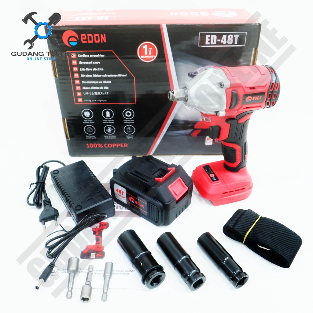 Impact Wrench CORDLESS ED-48T 48V EDON / Mesin Pembuka Buka Pengencang Baut BATERAI BATERY 48 Volt ED48T EDON