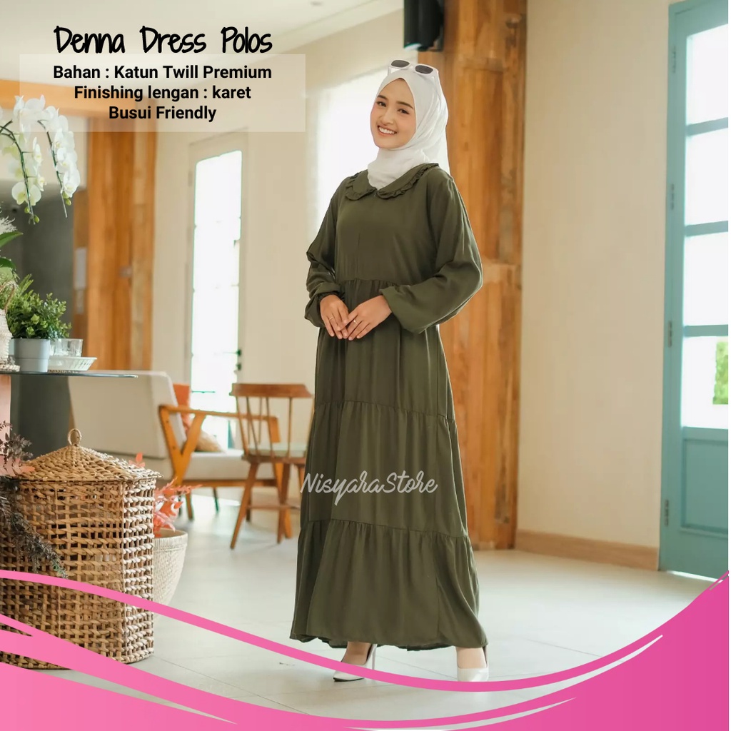 Baju Kemeja Dress Wanita Dewasa Kekinian Fashion Muslim Hijab Bahan Katun Warna Hijau Army