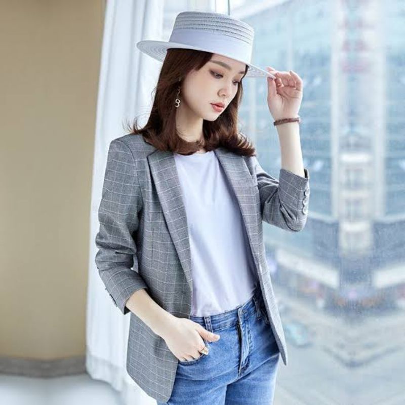 Jas Blazer Wanita Korean Style Motif Kotak Kotak
