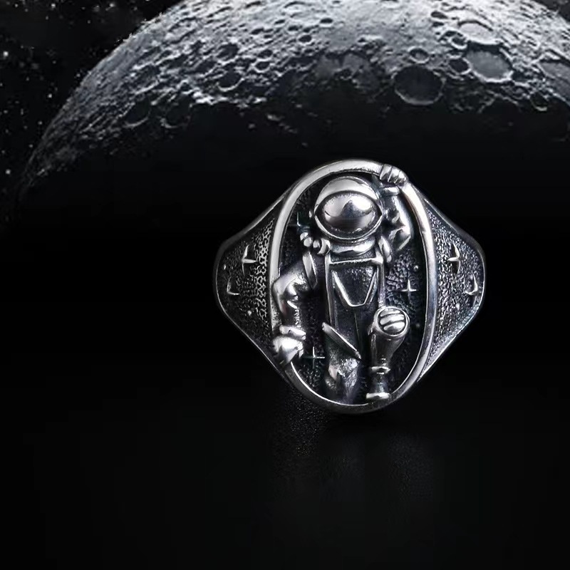 Retro Astronot Bulan Cincin Pria Trendi Hip Hop Pembukaan Cincin Pasangan Yang Dapat Disesuaikan