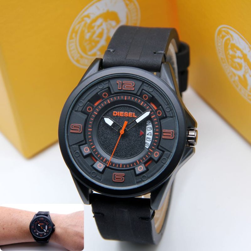COD Jam Tangan Pria Diesel Tali Kulit Body Bulat Hitam Tanggal Aktif Box Exclusive