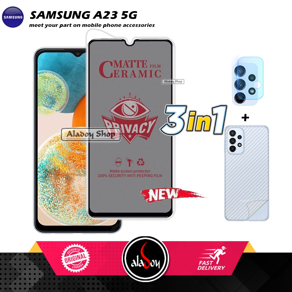 Tempered Glass Anti SPY Samsung A23 5G Anti Gores Privacy + Tempered Glass kamera dan Skin Carbon