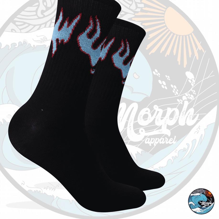 Kaos Kaki Oldschool Motif Api Biru dasar Hitam No. C87